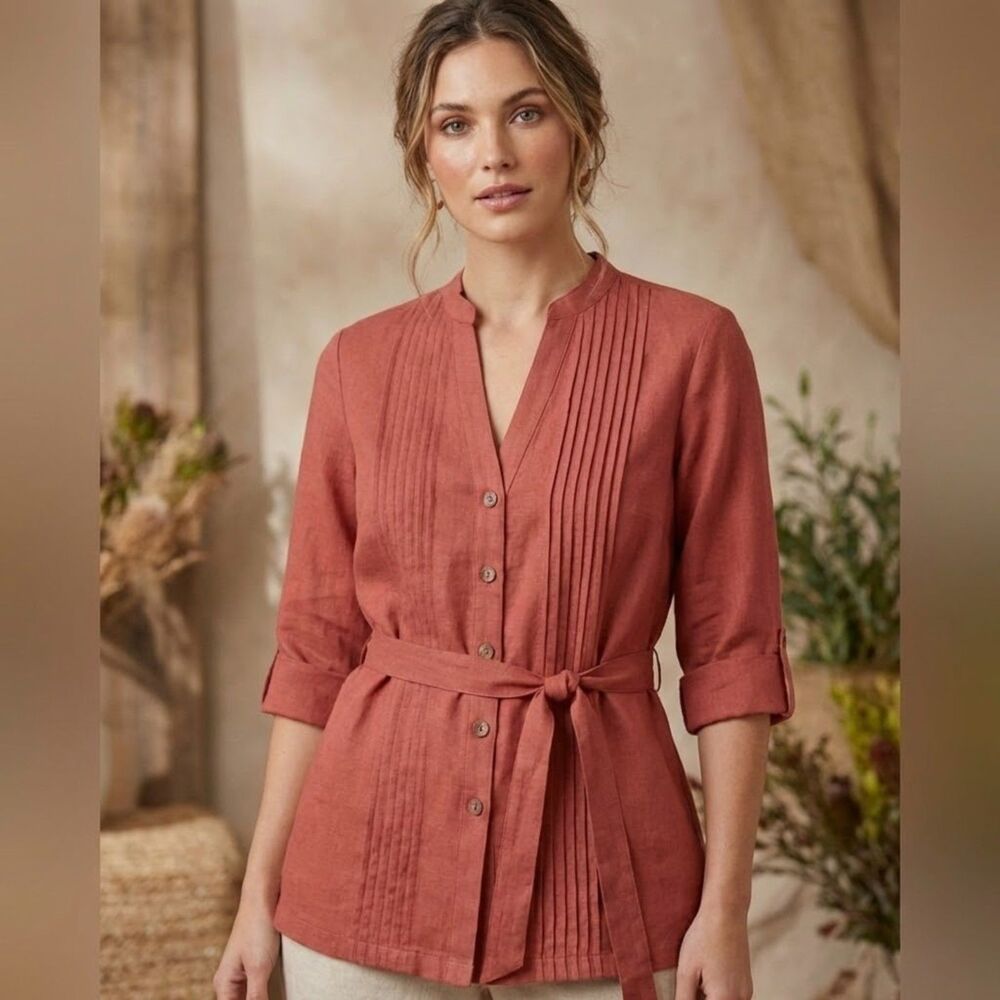 NWOT Jaclyn Smith Coral Linen Blend Button Down with Tie Waist Size M